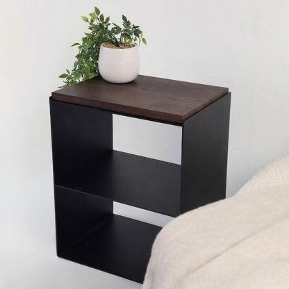 Minimalistinio dizaino naktinė spintelė LONA-3 su metaline konstrukcija ir mediniu viršumi